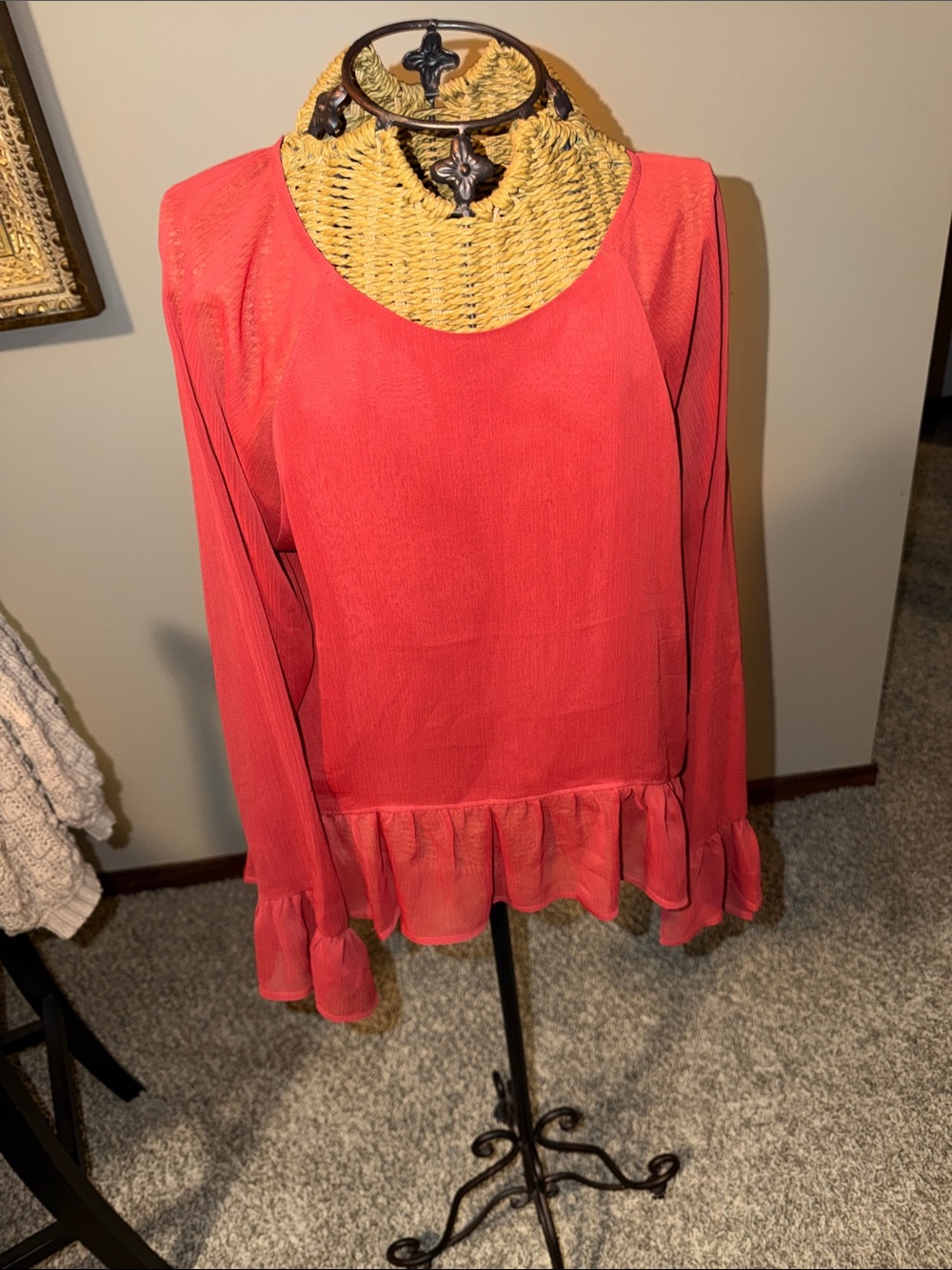 Women’s Red Sheer Long-Sleeve Ruffle Hem Top